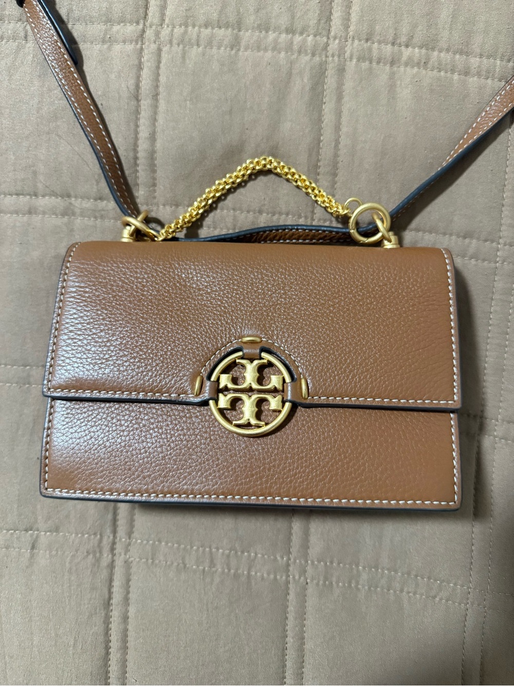 Tory Burch Tan Leather Crossbody with Gold Logo Chain